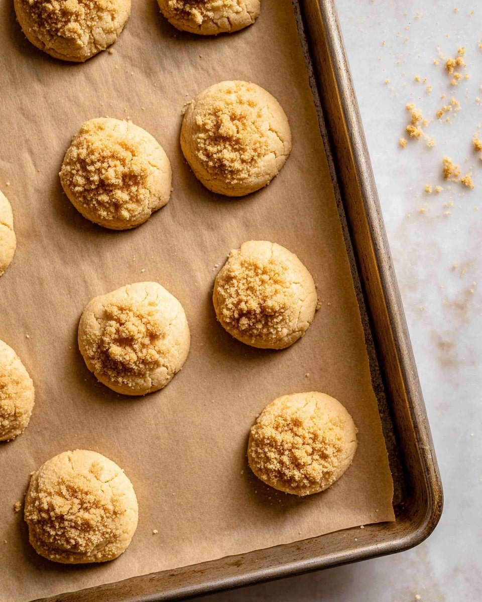 The image shows a metal baking tray lined with light brown parchment paper holding several round cookies. The cookies are arranged in rows; some have a smooth, slightly cracked surface with a pale golden color, while others are topped with a crumbly mixture that adds a rough texture and a darker golden-brown color. The tray is set on a white marbled surface, and there are small cookie crumbs scattered around the crumbly cookies. photo taken with an iphone --ar 4:5 --v 7