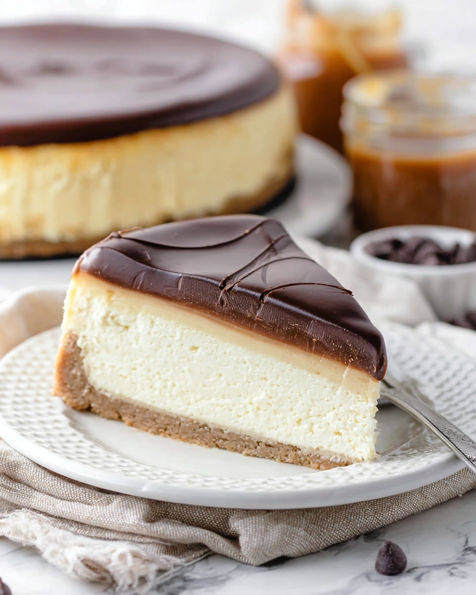 A close-up view of a slice of cheesecake on a white plate with a textured rim, placed on a beige cloth over a white marbled surface. The cheesecake has three distinct layers: a bottom thin, light brown crust, a thick middle layer of creamy off-white cheesecake, and a smooth, shiny top layer of dark chocolate ganache with subtle swirl patterns. In the background, slightly blurred, there is the rest of the cheesecake and two small glass jars, one with caramel sauce and the other with chocolate chips. A small silver fork rests next to the slice. Photo taken with an iphone --ar 4:5 --v 7
