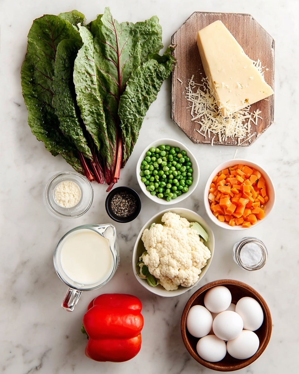 The image shows ingredients neatly arranged on a white marbled surface. On the left side, there are large green leaves with red veins stacked in a small pile. To the right of the leaves, a wooden board holds a wedge of pale yellow cheese with some grated cheese scattered around it. Below the cheese, three white bowls hold different veggies: cauliflower florets, chopped orange carrots, and green peas. Near the bottom center, a bright red bell pepper sits alone. A small black container with salt and a smaller white one with pepper are placed near the bottom left. In the bottom center, a clear glass measuring cup filled with milk and a wooden bowl with five white eggs complete the layout. Photo taken with an iphone --ar 4:5 --v 7