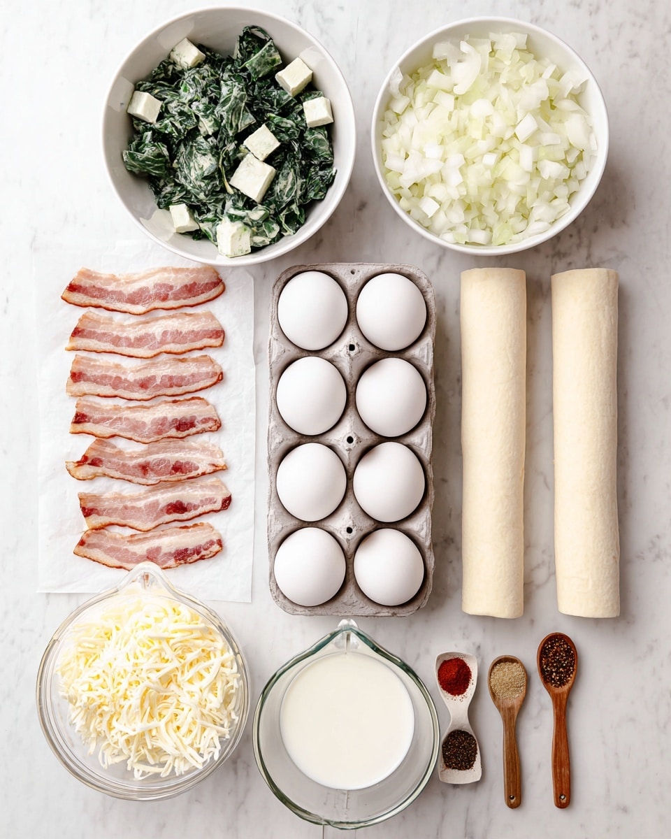 The image shows ingredients neatly arranged on a white marbled surface in a flat lay style. There are two white bowls at the top: the left one filled with frozen green spinach chunks and the right one with chopped white onions. Below, to the left, are several slices of raw bacon laid in a row on white parchment paper. In the center is a grey carton holding six white eggs. To the right, two rolled-up sheets of light beige dough stand vertically. In the bottom left corner, a white bowl holds shredded pale yellow cheese. Near the center bottom are two clear glass measuring cups filled with white liquid, most likely cream or milk. Finally, three small wooden spoons with spices — red, brown, and white powders — are placed in a row on the bottom right. photo taken with an iphone --ar 4:5 --v 7