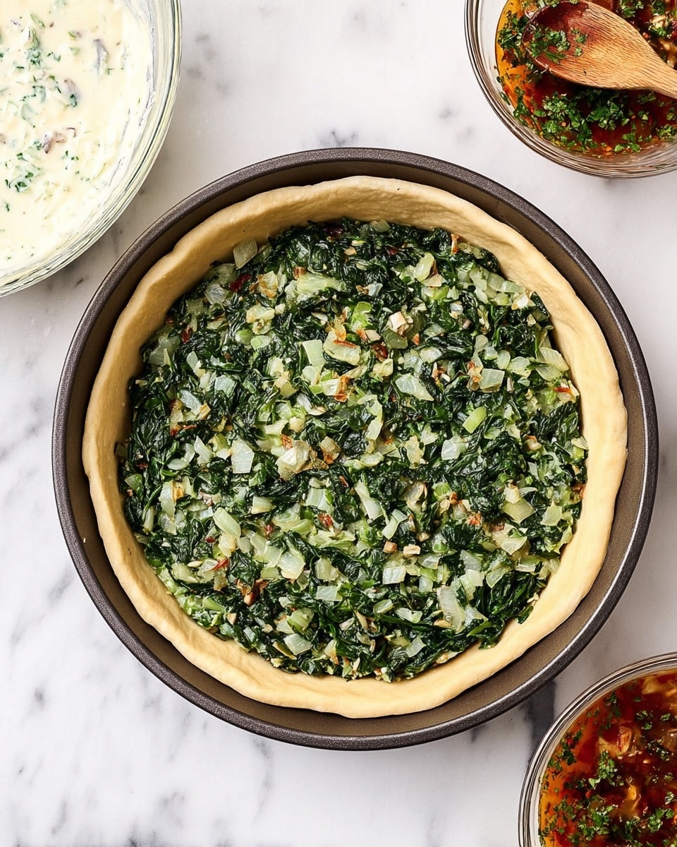 A round deep-dish with a golden raw dough crust around the edge, filled with a hearty layer of cooked green spinach mixed with chopped translucent onions spread evenly across the surface, inside a dark metal pan. The dish sits on a white marbled surface, with two glass bowls nearby; one bowl contains a creamy white mixture with small herb bits, and the other bowl has a reddish sauce with green herbs and a wooden spoon resting inside. photo taken with an iphone --ar 4:5 --v 7