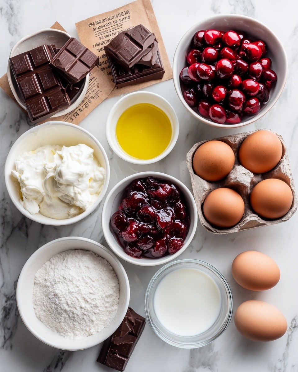 The image shows a collection of baking ingredients arranged in separate white bowls and placed on a white marbled surface. There are small white bowls holding square pieces of chocolate, a yellow oil, and bright red cherry pie filling with whole cherries. Two brown paper packets labeled chocolate pudding mix and chocolate cake mix rest flat on the surface. Nearby, three brown eggs sit together next to a small white bowl of creamy white Cool Whip. A small clear bowl of water and a white bowl of milk complete the setup, all spaced evenly apart in a neat layout. Photo taken with an iphone --ar 4:5 --v 7