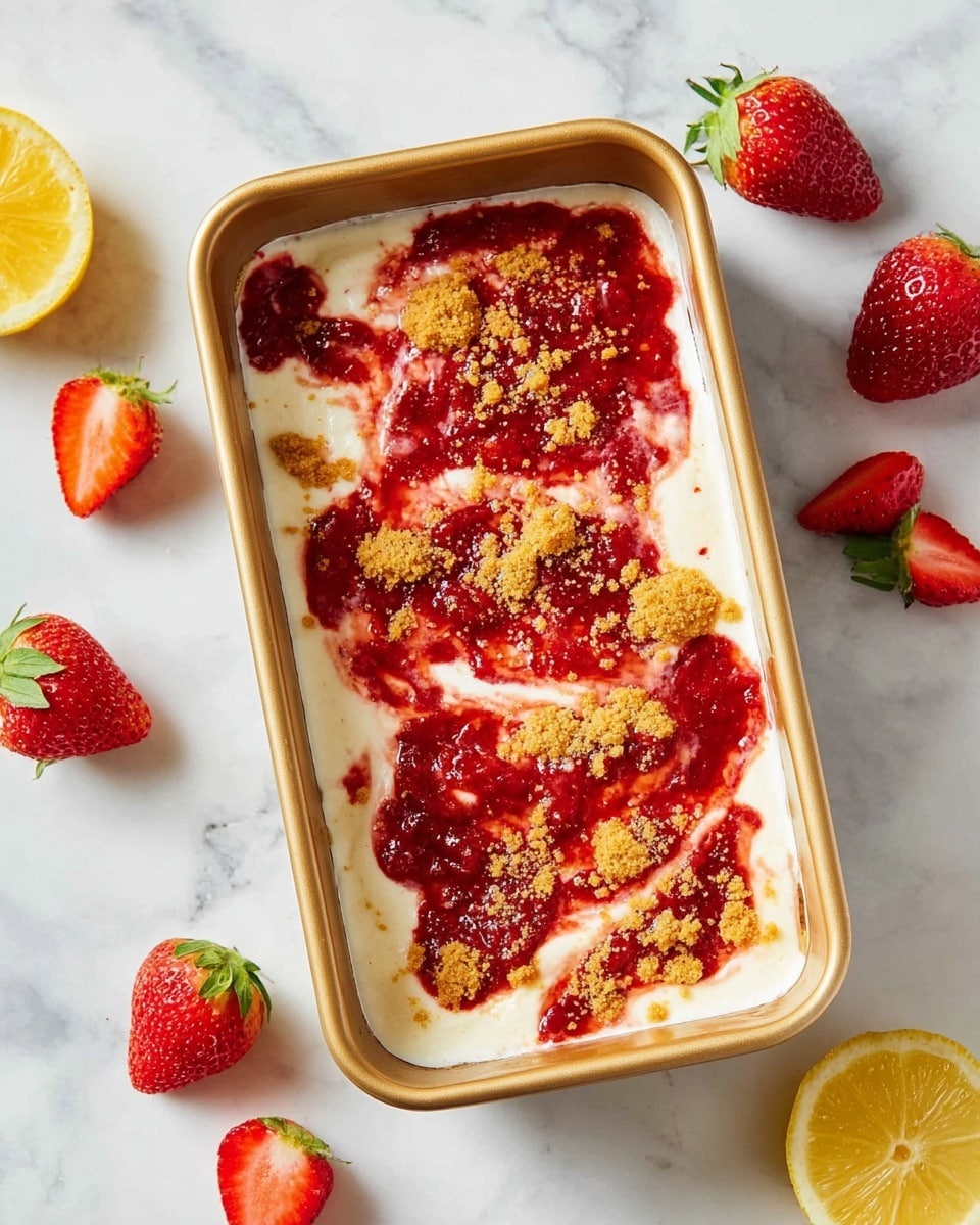 The image shows a rectangular golden baking pan with a dessert inside that has three clear layers visible from the top. The bottom layer is creamy white and smooth. On top of that, there are uneven patches of bright red strawberry sauce spread across the surface. Scattered lightly over the sauce are small crumbs of golden brown crust or biscuit, adding a textured contrast. Around the pan, fresh whole and sliced strawberries and a half lemon are placed on a white marbled surface, creating a fresh and inviting look. Photo taken with an iphone --ar 4:5 --v 7