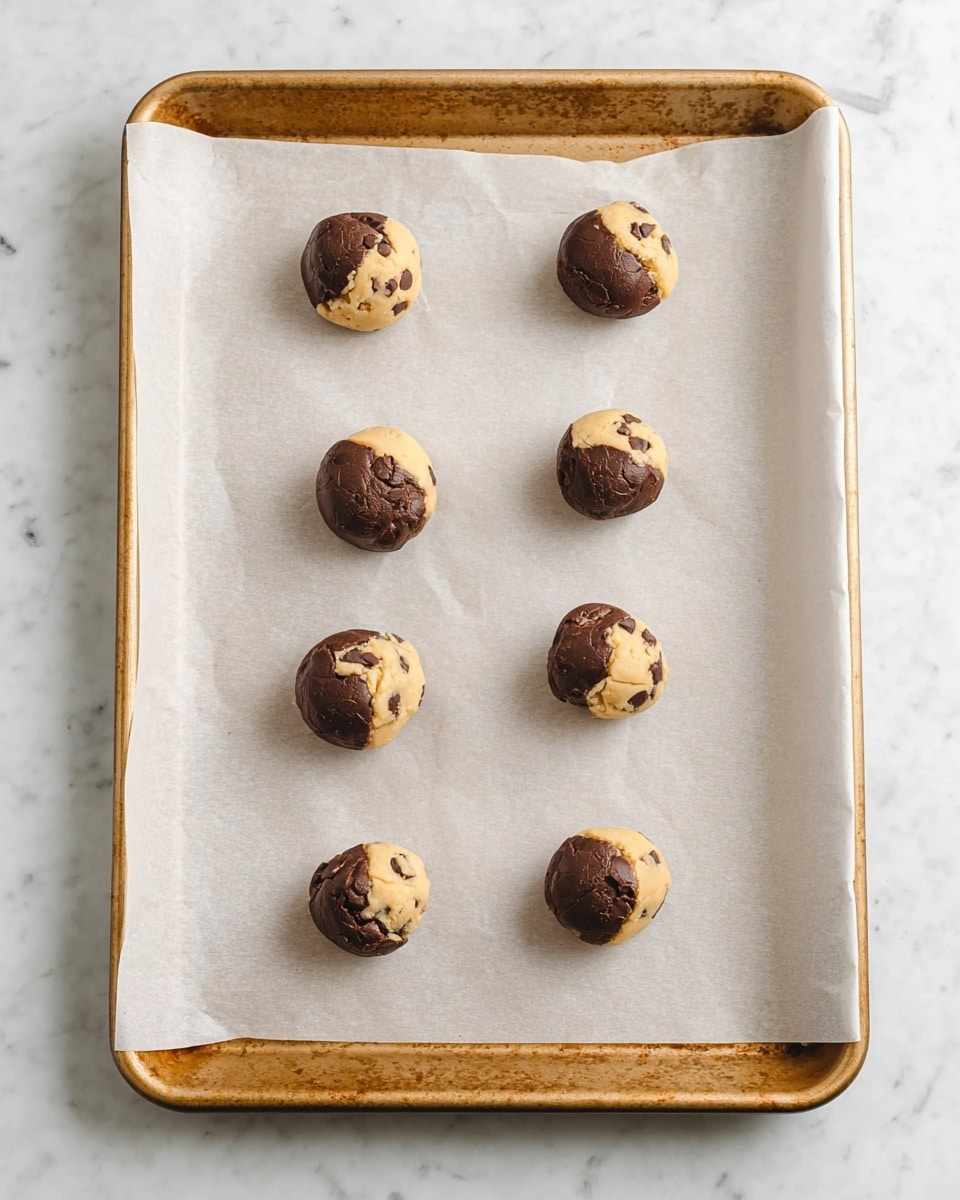 The image shows a baking tray lined with white parchment paper placed on a white marbled surface. On the parchment, there are eight evenly spaced small dough balls, each made of two parts: one part is light golden with chocolate chips, and the other part is dark brown, forming a half-and-half pattern for each dough ball. The dough balls are slightly rounded but not yet baked. The tray edges are gold-colored metal. photo taken with an iphone --ar 4:5 --v 7