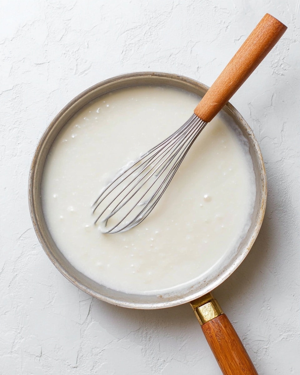 A round silver pan with a wooden and brass handle holds a smooth, thick white sauce that fills the pan almost to the top. A metal whisk with thin wires is resting inside the sauce, slightly submerged, with the whisk handle extending out toward the bottom left corner. The pan is placed on a white marbled textured surface, and the sauce has a creamy, glossy texture with small bubbles visible on its surface. photo taken with an iphone --ar 4:5 --v 7