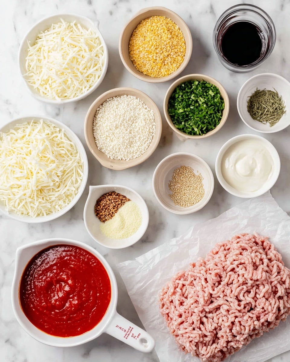 A variety of cooking ingredients are neatly arranged on a white marbled surface, including a large pile of light pink raw ground meat on white parchment paper at the bottom right. Surrounding it are small white and beige bowls filled with different items: bright red tomato sauce in a white ceramic measuring cup at the bottom left, a bowl of shredded white cheese near the top center, and another bowl of finely grated white cheese to the top right. There are green chopped herbs in a beige bowl near the top center, a bowl of yellowish breadcrumbs, and several other small bowls containing off-white creamy sauce, yellow seasoning, brown dried herbs, white sesame seeds, and grated pale yellow cheese. Additionally, there is a clear glass container filled with dark liquid near the center right and a small white cup with dark liquid at the top left. All items are placed precisely with clear color and texture differences, photo taken with an iphone --ar 4:5 --v 7
