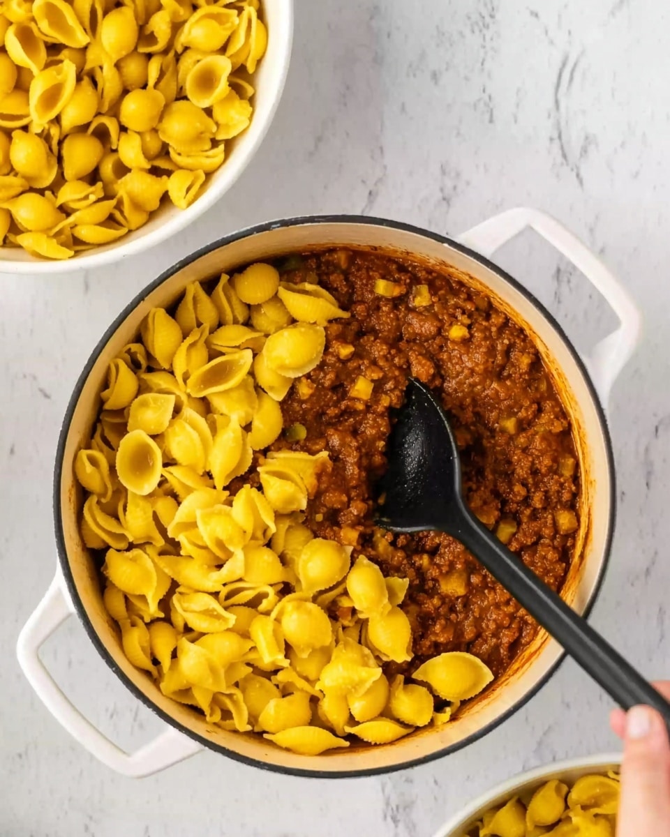 The image shows a white pot with two main layers inside. The bottom layer fills about half of the pot and looks like a thick, rich brown sauce with visible small chunks, likely ground meat and diced vegetables. The top layer, covering the other half of the pot, is a heap of bright yellow pasta shells with a smooth, slightly shiny surface. A black spoon with a long handle rests inside the pot, partially submerged in the pasta layer. The pot is placed on a white marbled surface, and above it, there is a glimpse of a white bowl filled with more yellow pasta shells. A woman's hand is holding the black spoon in the pot. The photo taken with an iphone --ar 4:5 --v 7