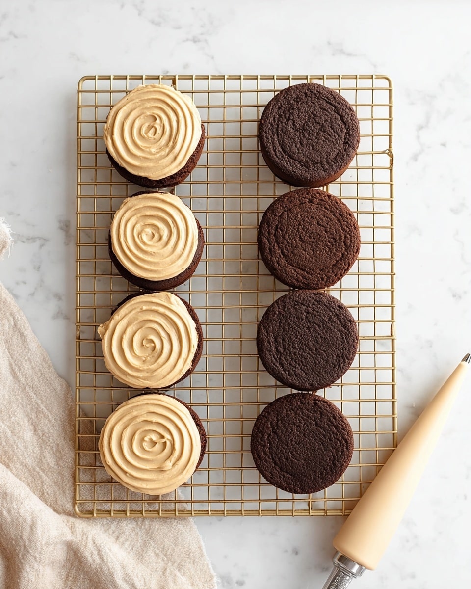 The image shows eight round chocolate cake layers arranged on a gold wire cooling rack over a white marbled surface. Four of the cake layers on the left side have a thick spiral swirl of light brown frosting, giving a textured and creamy look. The four cake layers on the right side are plain and dark brown with a slightly bumpy, moist texture. To the bottom right of the rack is a light beige piping bag with a metal tip, placed diagonally. At the bottom left corner, a soft light beige cloth partially enters the frame. photo taken with an iphone --ar 4:5 --v 7