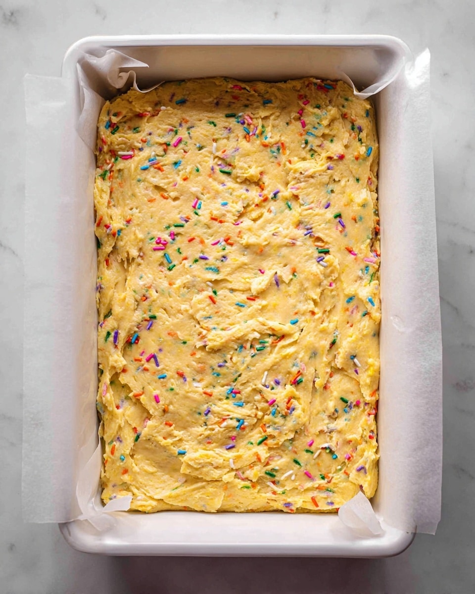A rectangular white baking dish lined with white parchment paper holds a thick, single layer of yellowish dough mixed with colorful sprinkles scattered evenly throughout. The dough has a slightly rough texture with visible small chunks and creases, filling the dish completely and smoothed to the edges. The surface beneath the dish is a white marbled texture. photo taken with an iphone --ar 4:5 --v 7