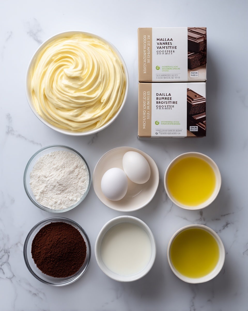 A flat layout of baking ingredients is shown on a white marbled surface with two boxed mixes at the top: one for French vanilla mousse with a creamy yellow swirl dessert on the front, and the other for dark chocolate fudge brownie showing three stacked dark brown squares with a slightly shiny texture. Below these boxes, there are six labeled ingredients arranged neatly: a small clear bowl filled with fine dark brown espresso powder, a clear glass of water, a whole white egg, a white bowl with clear water, a white bowl with creamy white milk, and a white bowl with yellow vegetable oil. Each ingredient is clearly separated, with clean textures and soft natural light highlighting their colors. photo taken with an iphone --ar 4:5 --v 7