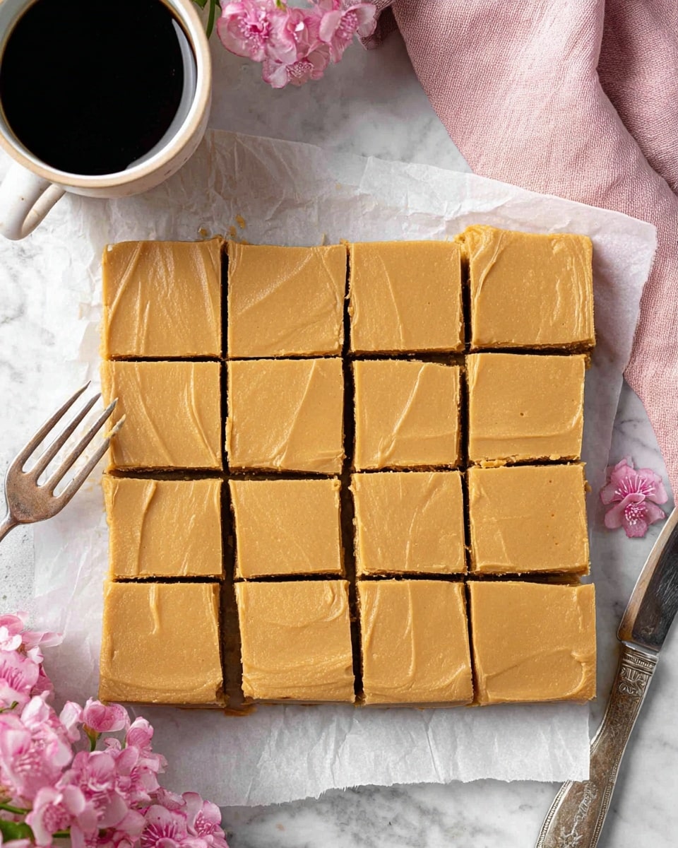 The image shows a grid of 15 smooth, square peanut butter fudge pieces with a light brown creamy top layer. The fudge is arranged in three rows and five columns on a piece of parchment paper placed on a white marbled surface. To the top left, there is a white cup filled with black coffee beside some pink flowers. A silver fork lies on the left side below the cup, and a soft pink cloth is partially visible at the top right corner. The fudge squares have clean edges except for one piece with a small bite taken from it. The photo taken with an iphone --ar 4:5 --v 7