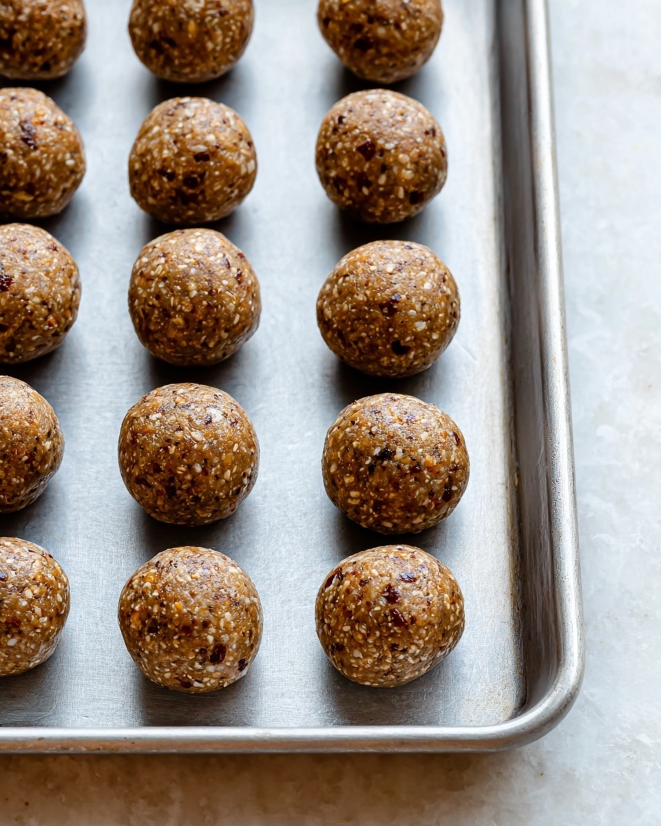 The image shows a metal baking tray with three rows of evenly spaced round energy balls. Each ball has a rough, textured surface with visible bits of nuts or seeds, giving them a mixed brown color with lighter specks. The balls look dense and uniform in size, placed neatly on the tray. The background surface is a white marbled texture. photo taken with an iphone --ar 4:5 --v 7