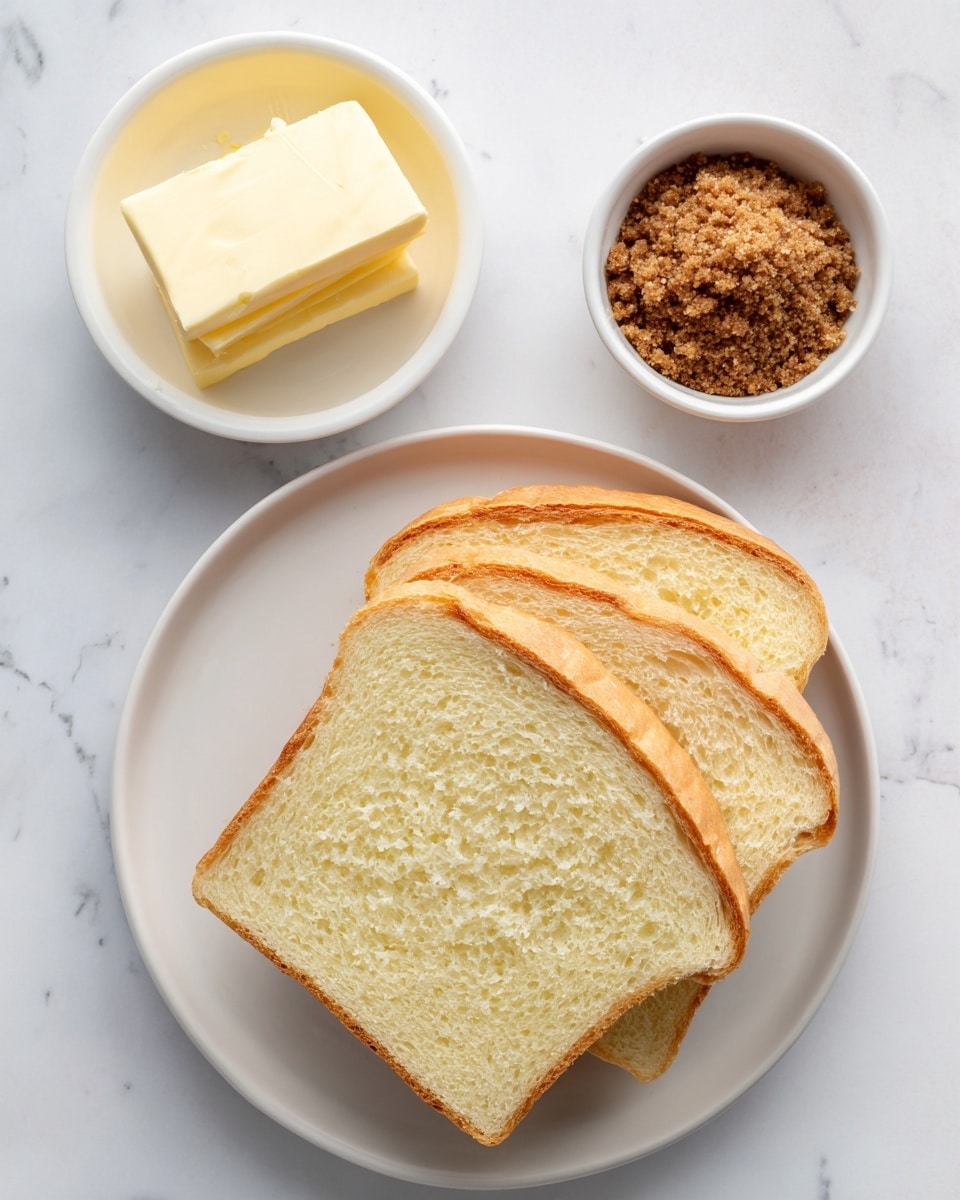 The image shows a white plate with four slices of soft, golden-brown bread stacked slightly overlapping, placed on a white marbled surface. To the left of the plate are two small white bowls: the top bowl contains a smooth light yellow block of butter, and the bowl below it is filled with crumbly, dark brown sugar. The overall setting is clean and simple with a soft natural light. Photo taken with an iphone --ar 4:5 --v 7