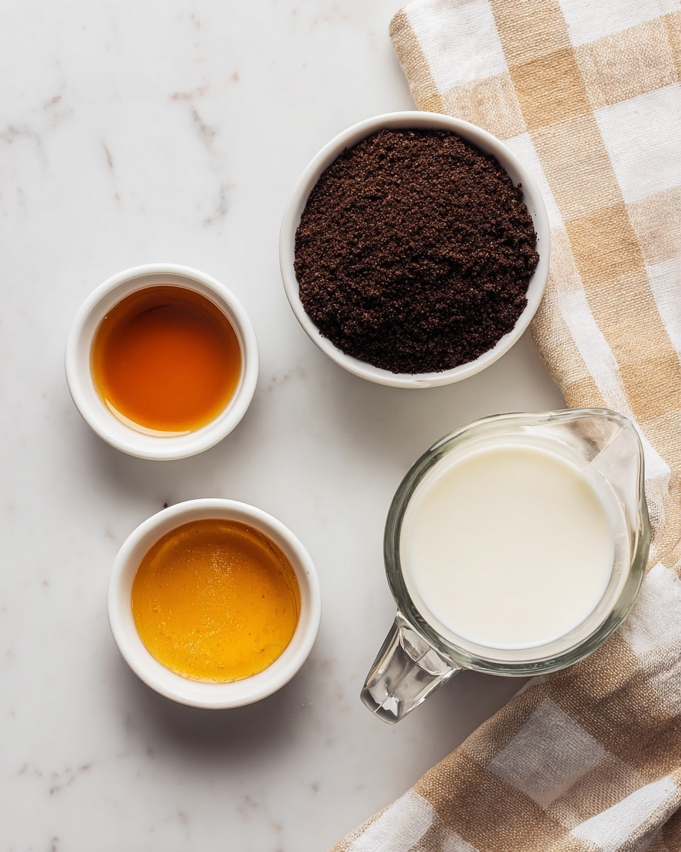 The image shows four containers on a white marbled surface. In the top right, there is a white bowl filled with dark brown instant coffee powder, having a coarse texture. To the left, a small white bowl contains amber-colored vanilla extract with a smooth liquid texture. Below that, another small white bowl holds golden maple syrup with a glistening, thick liquid surface. To the right of these bowls, there is a clear glass measuring cup filled with white milk, the surface smooth and slightly reflective. A beige and white checkered cloth lies partially visible on the right side of the image. photo taken with an iphone --ar 4:5 --v 7