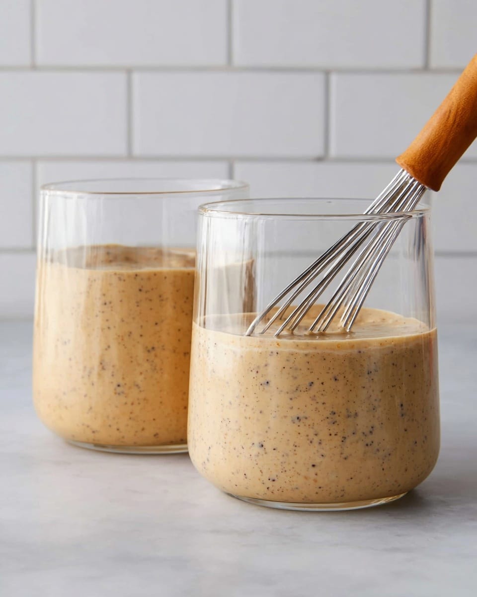 Two clear glass cups sit side by side on a white marbled surface, each filled about three-quarters full with a thick, light brown liquid speckled with small black dots. The drink looks smooth but textured because of the specks. In the right cup, a whisk with a wooden handle is partially dipped into the liquid, showing a slight ripple around the metal wires. The background is a simple white tiled wall, giving a clean and bright look. photo taken with an iphone --ar 4:5 --v 7