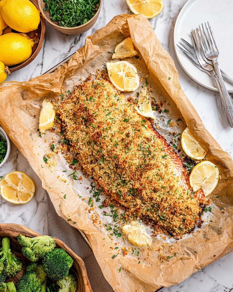 A golden brown baked dish with a crispy, crumbly topping full of herbs and breadcrumbs, laid out on a piece of parchment paper inside a beige baking sheet. The inside layer shows a hint of red, likely from roasted peppers, under the crunchy topping. Around the baking sheet, there are whole lemons, a bunch of green herbs, a bowl of broccoli florets, and a white plate holding two silver forks. All items rest on a white marbled surface. The photo was taken with an iphone --ar 4:5 --v 7