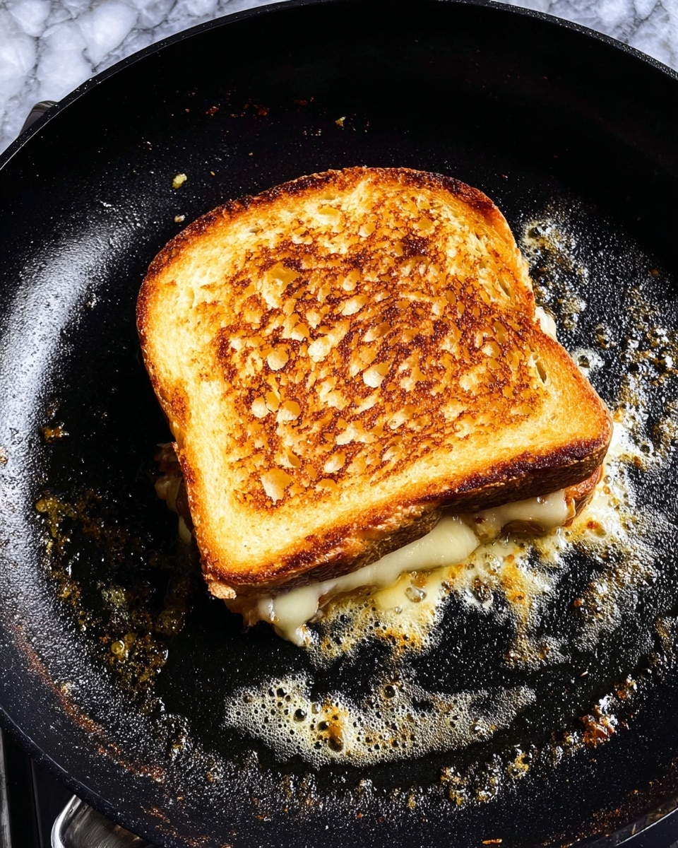 A single grilled cheese sandwich is shown cooking in a black pan, with a golden brown and textured top slice of bread featuring some darker toasted spots and light melted cheese peeking out slightly from the edges. The sandwich is thick and square with a soft bread crust, sitting in a pool of melted butter, surrounded by small crumbs and glistening butter bubbles on the pan surface. The background is a white marbled texture partially visible around the pan. Photo taken with an iphone --ar 4:5 --v 7