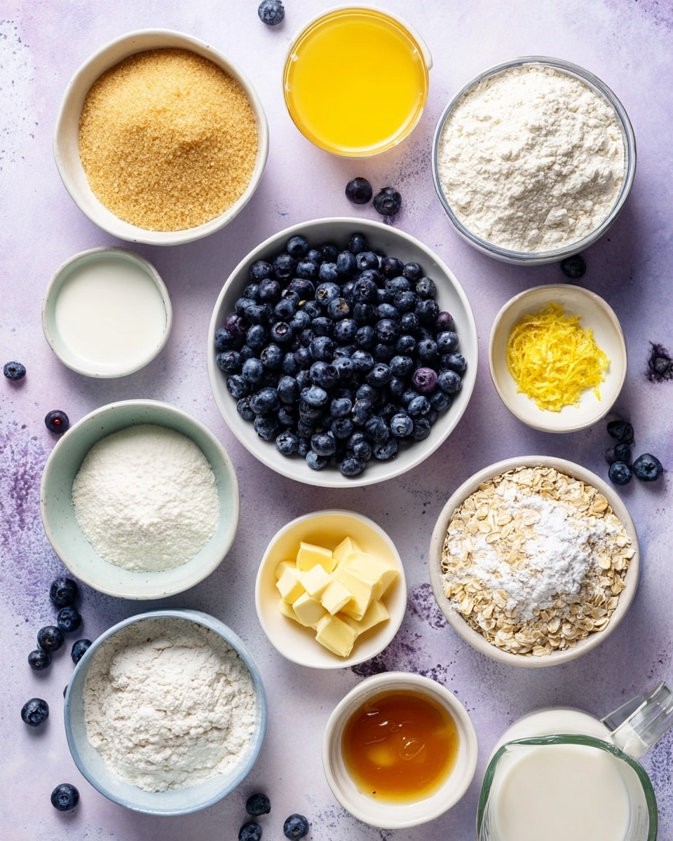 A top-down view of several white bowls and a white measuring jug arranged on a soft pale purple surface with scattered blueberries around. In the center is a bowl filled with fresh dark blue blueberries. Surrounding it clockwise are a bowl of light brown sugar with a grainy texture, a small white bowl of coarse white salt, a tiny white bowl with bright yellow lemon zest, a small white bowl of fine white powder (likely baking powder), a small white bowl of white powder (possibly cornstarch), a glass measuring jug filled with white milk, a large white bowl filled with white flour, a small glass bowl with yellow butter chunks, a bowl full of white granulated sugar, a bowl with light yellow clear liquid, a bowl with melted yellow butter, a small bowl with dark amber liquid, a white bowl holding two raw eggs with yellow yolks, and a white bowl filled with rolled oats near the top, all sitting on a soft purple surface. photo taken with an iphone --ar 4:5 --v 7