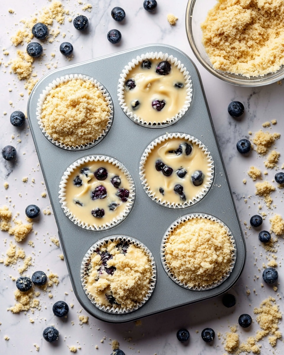 A grey metal muffin tray holds six white paper liners filled with blueberry muffin batter and crumb topping. Three liners contain smooth, pale yellow batter with scattered blueberries inside, showing a light texture with plump dark blue berries. The other three liners are topped with a crumbly, golden brown streusel mix that looks coarse and crunchy. Around the tray, fresh blueberries scatter on a white marbled surface along with some bits of the crumb topping. A clear glass bowl filled with more crumb topping sits in the upper right corner of the frame. The overall scene is bright and clean, showing the different stages before baking. photo taken with an iphone --ar 4:5 --v 7