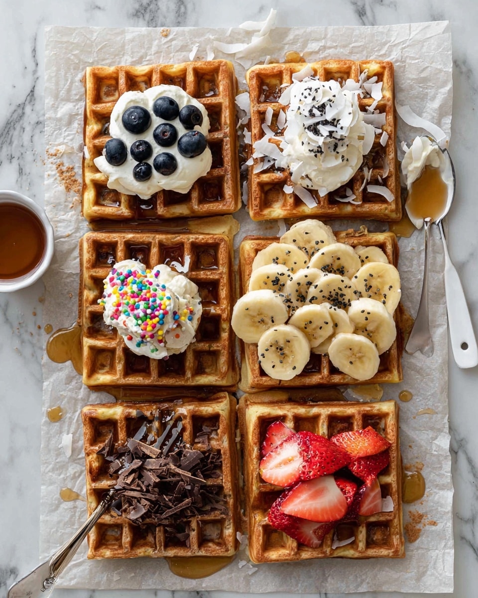 Six square waffles with a golden brown color are arranged on a sheet of parchment paper over a white marbled surface. Each waffle has different toppings: one has a dollop of white cream with fresh blueberries on top and syrup pooling inside the waffle squares; another has cream topped with white coconut flakes and small black seeds with syrup drizzled on it; one features cream with banana slices fanned across the top and syrup dripping down; another is topped with cream and colorful round sprinkles; a fifth waffle shows cream topped with dark chocolate shavings and syrup; the last waffle is decorated with cream and sliced strawberries, also with syrup visible around it. A small cup of syrup is placed near the waffles along with a white spoon with some cream on it. photo taken with an iphone --ar 4:5 --v 7