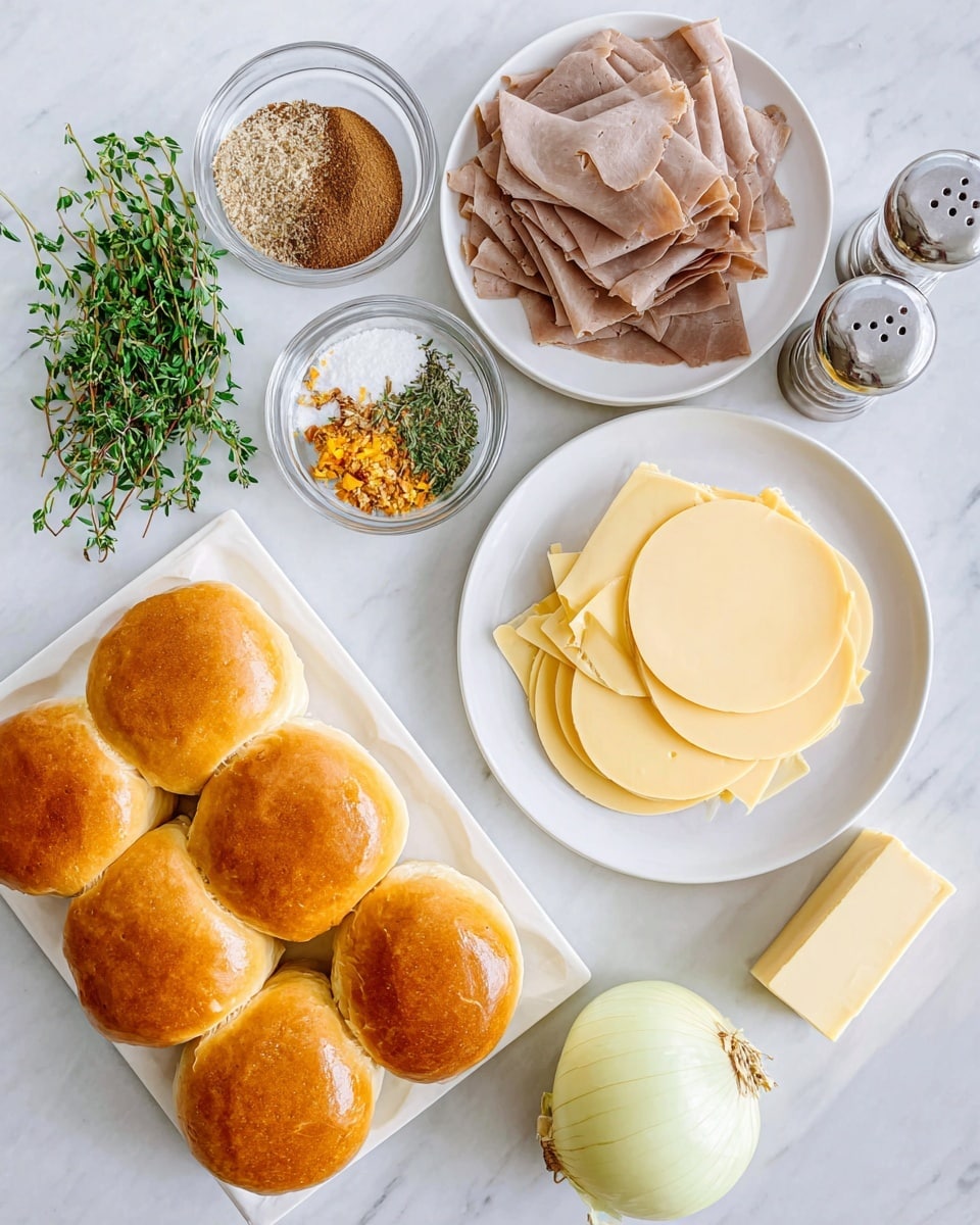 The image shows an overhead view of ingredients neatly arranged on a white marbled surface. There is a plate with several thin slices of light brown meat at the center. To the right, a white plate holds a stack of pale yellow cheese slices, each round and smooth. Below the cheese, a pale yellow onion rests next to a small bunch of fresh green herbs in a glass container. At the bottom left, there is a tray of golden brown dinner rolls, soft and fluffy. Two clear salt and pepper shakers with silver tops flank the meat plate. Above the meat, two small white bowls contain seasoning powders; one is light brown, and the other has mixed dried herbs in yellow and orange shades. A white stick of butter is placed near the onion and herb. The photo taken with an iphone --ar 4:5 --v 7