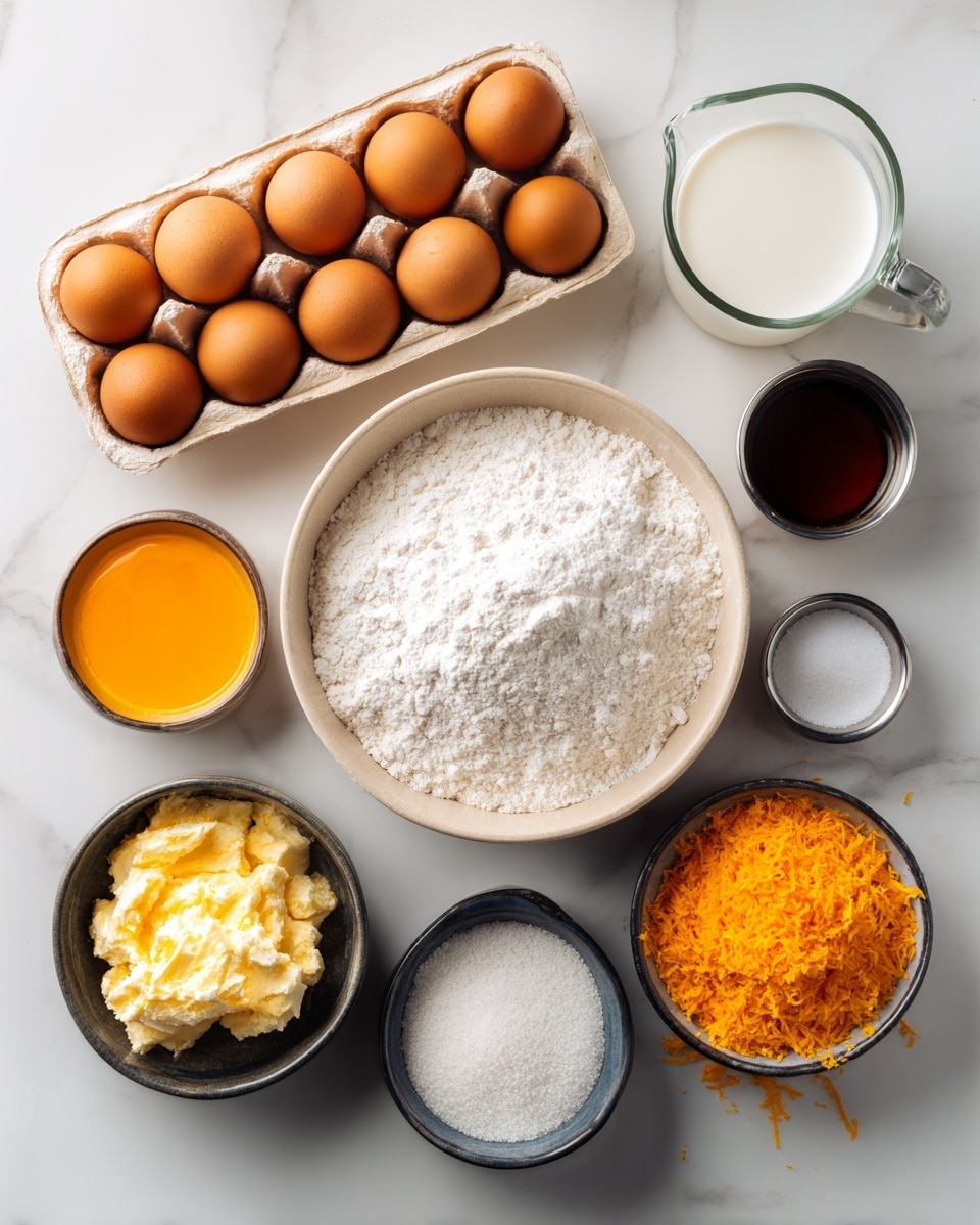 The image shows baking ingredients neatly arranged on a white marbled surface. At the top left, there is a rectangular beige carton holding eight brown eggs in two rows. To the right of the eggs, a clear glass measuring cup with white milk is placed. Below it, a large light beige bowl filled with white flour sits in the center. To the right of the flour bowl, there are two small shiny silver cups, the top one holding bright orange liquid orange juice and the bottom one containing bright orange grated orange zest. Below these, a small silver cup holds light beige yeast powder. Below the flour bowl, a small dark bowl contains pale yellow melted margarine. To its left is a similar dark bowl filled with white granulated sugar. Just above these, there is a small dark cup with a glossy dark brown liquid labeled as anise oil. A tiny round dish with a bit of white salt is placed near the yeast cup. Everything is spaced evenly, clearly showing each ingredient’s color and texture. Photo taken with an iphone --ar 4:5 --v 7