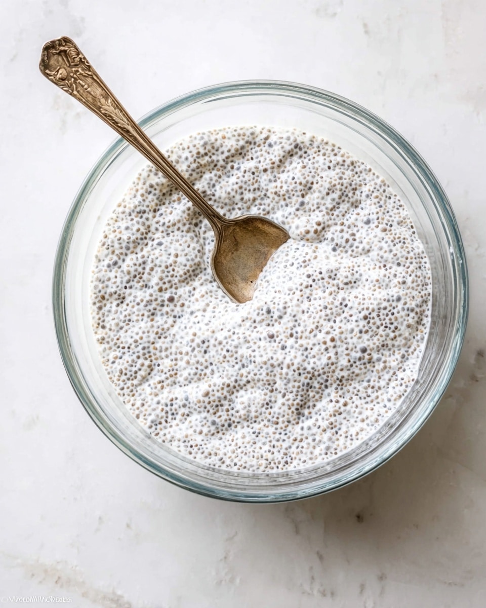 A clear glass bowl filled with creamy white chia seed pudding that has many small dark specks evenly spread throughout, creating a bubbly texture. A vintage silver spoon with a slightly tarnished look rests inside the bowl on the left side, its handle extending out. The bowl is placed on a white marbled surface that softly reflects light and shows subtle veins. photo taken with an iphone --ar 4:5 --v 7