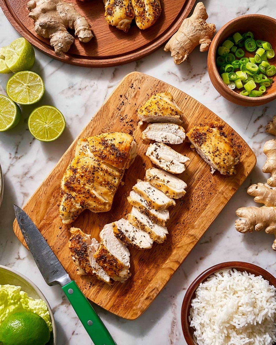 The image shows a wooden cutting board on a white marbled surface, topped with sliced and whole cooked chicken pieces that are golden brown with visible black pepper seasoning. One piece of chicken is sliced into bite-sized strips placed in the center of the board, beside two whole chicken pieces. A knife with a green handle rests on the bottom of the board. Around the cutting board, there is a white bowl filled with plain white rice at the bottom right and a brown bowl holding sliced green onions at the top left. There are also fresh lime wedges on a small plate at the bottom left, a whole lime and green lettuce at the top right, and whole ginger roots on a round wooden board above the cutting board. Photo taken with an iphone --ar 4:5 --v 7