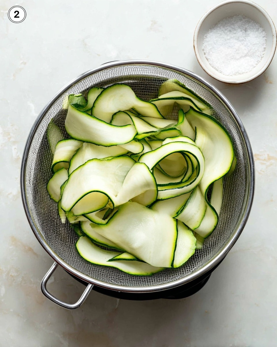 A silver metal sieve filled with many wide, thin, pale green slices of zucchini that have a darker green edge, showing a soft, smooth texture with some slight curl and overlap. The sieve sits on a small black stand, placed on a white marbled surface. To the top right of the sieve, there is a small white bowl filled with fine white salt. The overall scene is bright and clean, focusing on the fresh zucchini slices prepared for cooking. Photo taken with an iphone --ar 4:5 --v 7