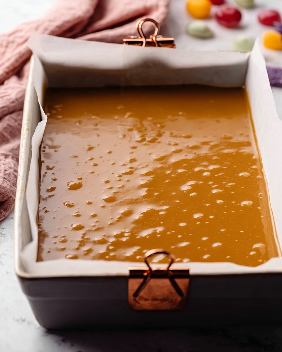 The image shows a close-up of a smooth caramel brown liquid layer spread evenly inside a white rectangular baking pan lined with parchment paper. The surface of the liquid has small bubbles and uneven spots, adding texture and depth to the caramel layer. The pan is held together by two copper-colored binder clips on opposite corners. In the background, there is a soft pink cloth and blurred colorful objects placed on a white marbled surface. The lighting softly highlights the shiny texture of the caramel layer, giving the scene a warm and inviting look photo taken with an iphone --ar 4:5 --v 7