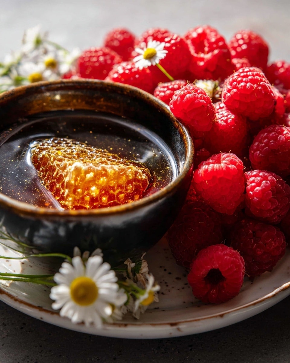 A close-up image of a dark bowl filled with amber honey and a honeycomb piece floating on top, showing its textured surface filled with golden honey. The dark bowl sits on a white plate that is covered with bright red raspberries placed closely together in a pile, their bumpy texture clearly visible. On the edge of the bowl, there are small white daisy flowers with green stems resting gently. The setup is on a white marbled surface with soft natural light highlighting the vivid colors and textures. photo taken with an iphone --ar 4:5 --v 7