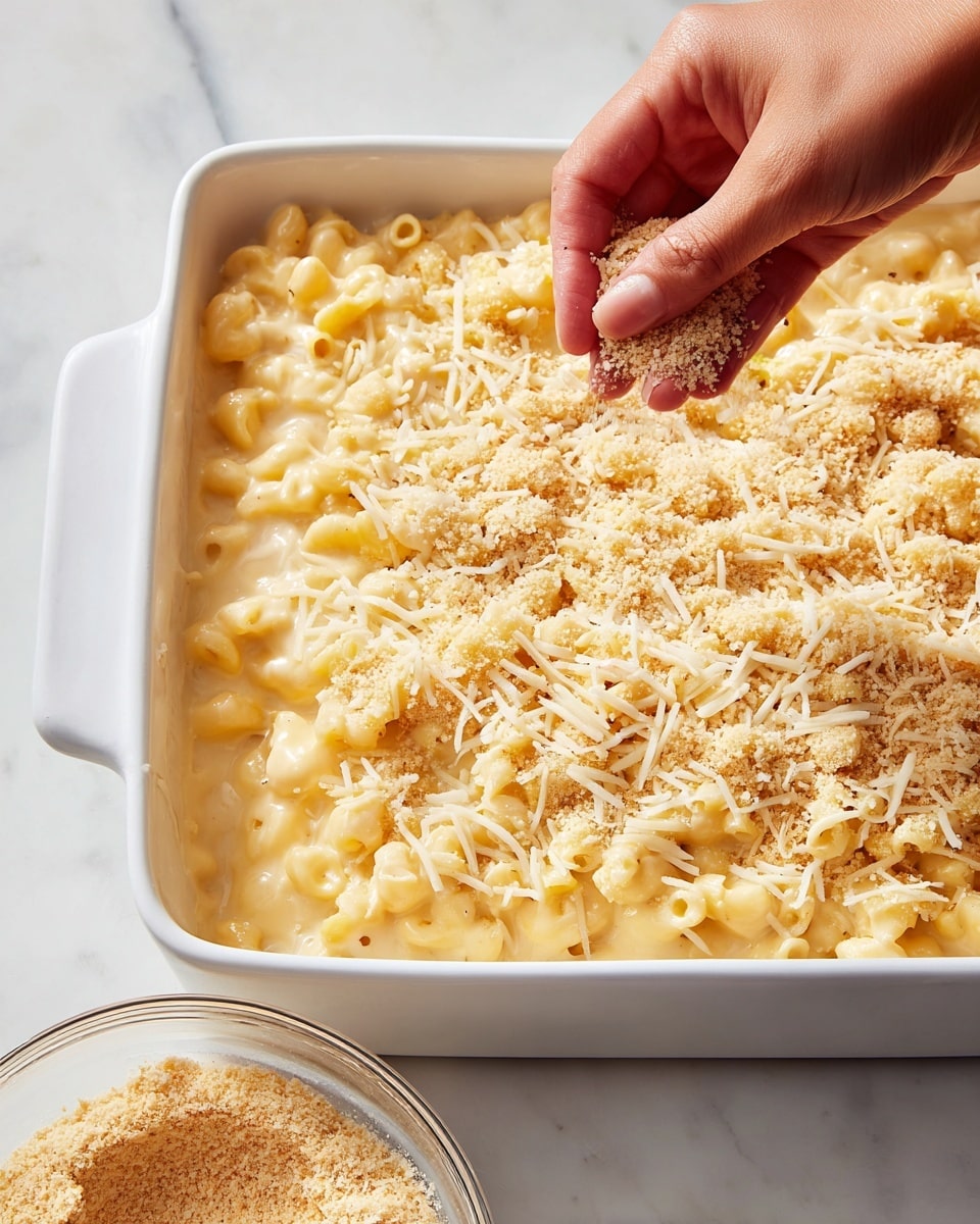 A white rectangular baking dish filled with creamy, light yellow macaroni and cheese, topped with a mix of pale yellow shredded cheese and light beige breadcrumbs evenly spread over the surface. A woman's hand is visible from the right side, sprinkling the breadcrumb and cheese mixture gently over the macaroni layer. Below the dish, there is a clear bowl slightly visible containing more of the breadcrumb and shredded cheese mix. The setting is on a white marbled surface. photo taken with an iphone --ar 4:5 --v 7