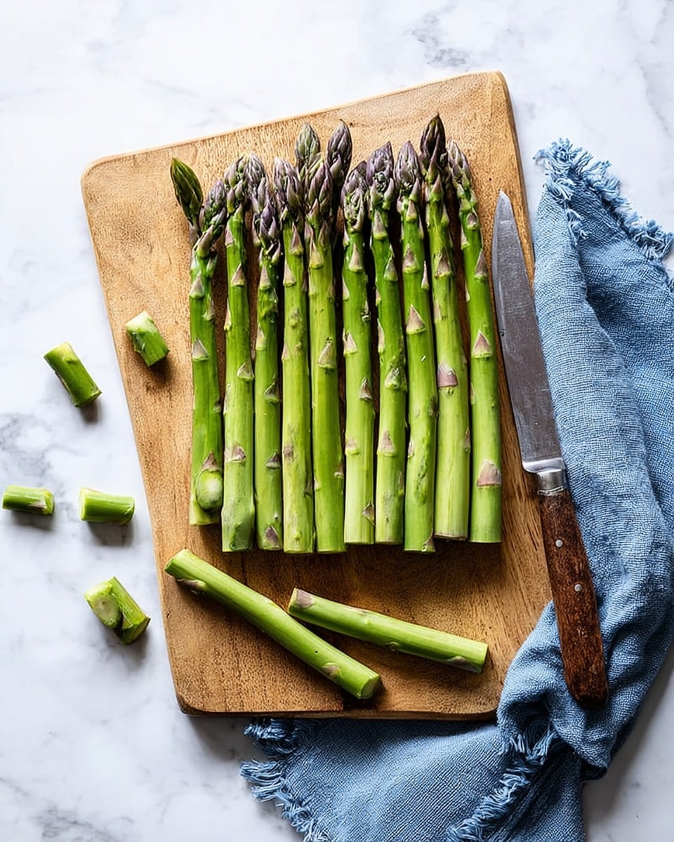 A wooden cutting board placed on a white marbled surface holds a neat row of green asparagus stalks with purple-tipped heads lined up vertically. Several short pieces of asparagus lie scattered on the board’s lower part with one tip of the asparagus resting off the board on the left side. A knife with a wooden handle lies on the right side of the board, next to a blue cloth with fringed edges. Photo taken with an iphone --ar 4:5 --v 7