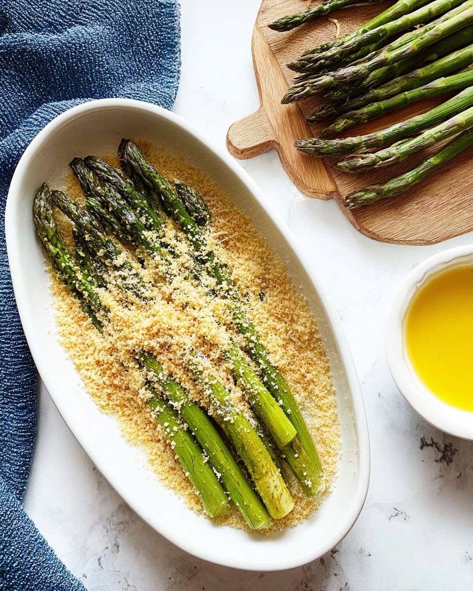 In a white oval dish, five green asparagus stalks lie horizontally, covered with a light layer of beige breadcrumbs that coat both the stalks and the dish’s base. To the right, a wooden cutting board holds more fresh green asparagus, while a white bowl with a bright yellow liquid—likely an egg wash—sits nearby on a white marbled surface. A blue textured cloth is partially visible on the left side of the scene. The colors are fresh and natural, with the green asparagus contrasting against the beige crumbs and the clean white background photo taken with an iphone --ar 4:5 --v 7