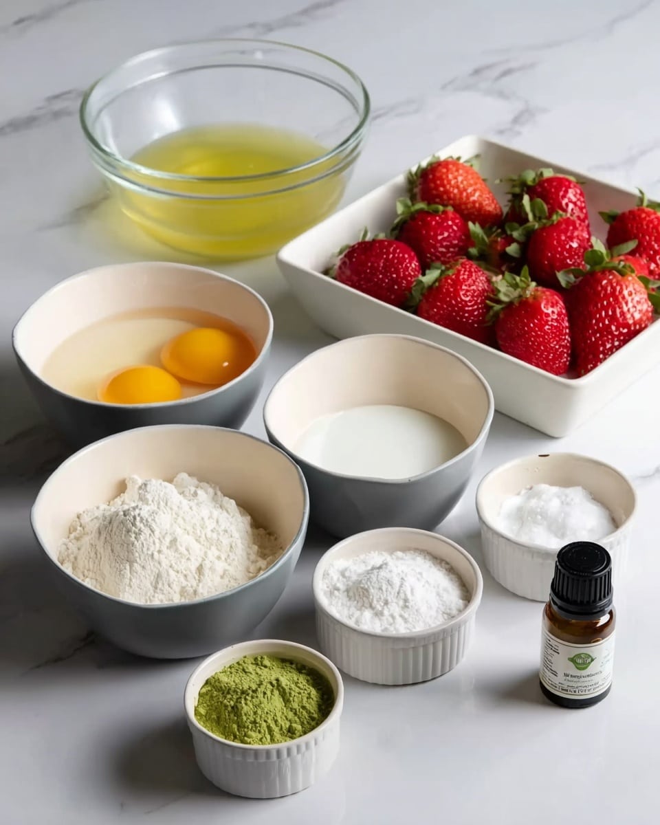 The image shows a collection of ingredients arranged neatly on a white marbled surface. At the back, there are two clear glass bowls, one filled with a yellow liquid and the other with a white liquid. To the right, a white rectangular dish holds a group of fresh red strawberries with green tops. In front of these, there are five white bowls with gray outer sides, holding various ingredients: one has two yellow egg yolks, another has white sugar, another contains flour, and another has a white liquid. In front of these bowls, three small white bowls hold fine powders, including a bright green matcha powder in the middle bowl. On the far right, there is a small amber bottle with a black cap and a label showing vanilla extract. photo taken with an iphone --ar 4:5 --v 7