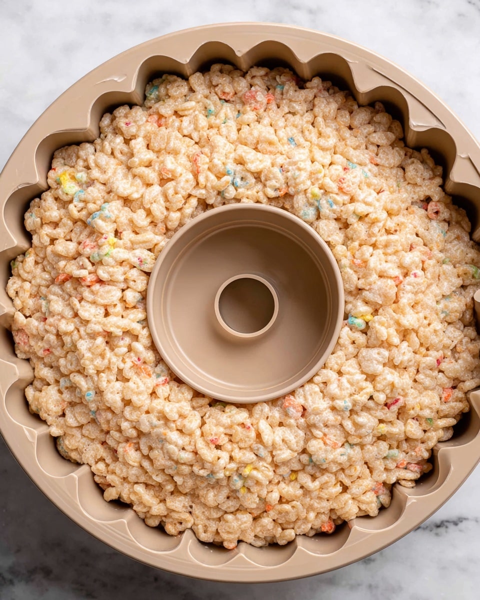 The image shows a single layer of beige-colored rice cereal treats pressed evenly inside a beige bundt pan, filling the entire mold with a scalloped edge pattern around the sides and a circular hole in the center. The rice pieces are tightly packed, with some tiny colorful specks scattered throughout. The background is a white marbled texture. photo taken with an iphone --ar 4:5 --v 7