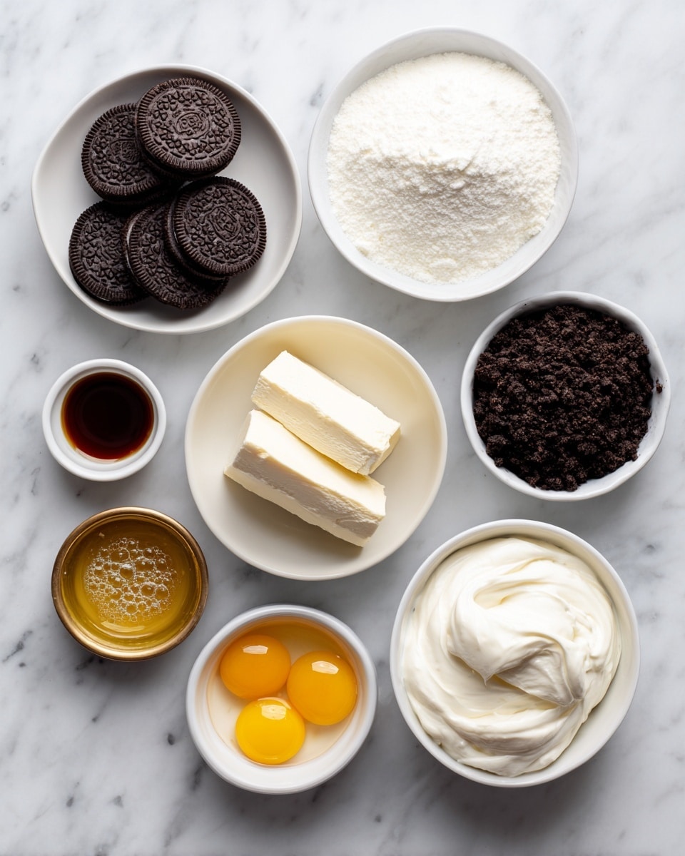 A collection of ingredients is arranged on a white marbled surface, each in a white bowl or small container. There is a white bowl with whole Oreo cookies showing their dark round shapes with white filling. Next to it is a white bowl of fine white sugar and another white bowl filled with thick cream cheese, white and smooth with two blocks inside. A small container holds dark brown vanilla liquid, and a small golden bowl contains melted butter with a light brown bubbly surface. Another white bowl is filled with dark crushed Oreo cookie crumbs. There is also a small white bowl with a raw egg and egg whites, showing bright yellow yolk in clear whites. Finally, a white bowl holds creamy white Greek yogurt. The ingredients are spread out neatly and clearly visible, photo taken with an iphone --ar 4:5 --v 7