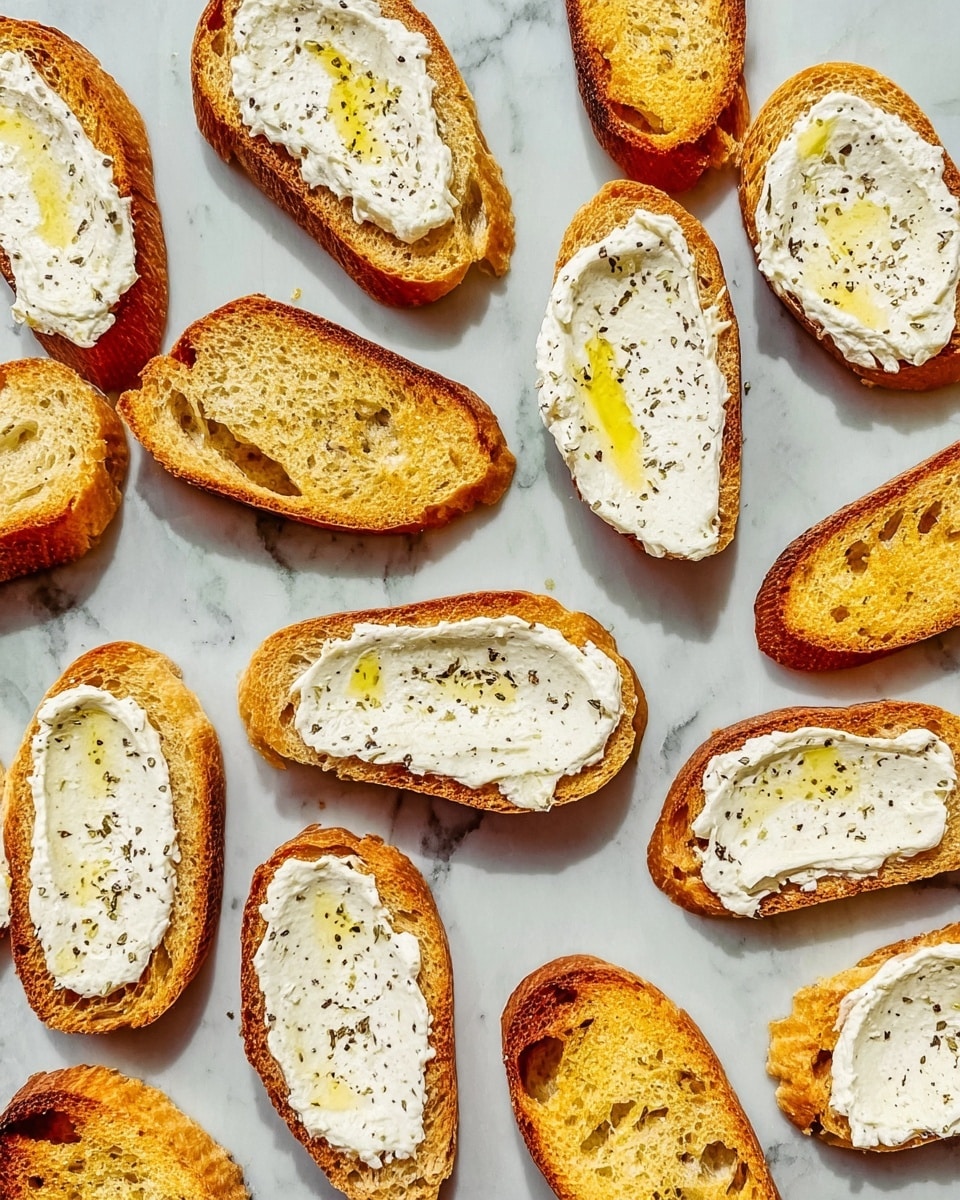 The image shows many toasted bread slices arranged on a white marbled textured surface. Some slices have a layer of white creamy spread evenly spread on top with a light drizzle of golden oil and a sprinkle of black pepper, while other slices are plain toasted with a golden brown crispy texture. The bread slices vary in size and shape but are generally long and oval. The image is bright and colorful, with the golden toast contrasting against the creamy white spread and the soft white background. photo taken with an iphone --ar 4:5 --v 7