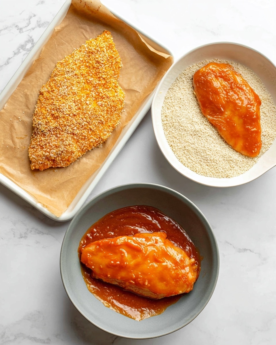The image shows a cooking process with three parts: at the bottom, a raw chicken piece covered fully in an orange sauce is placed in a grey bowl filled with the same sauce; to the right, another chicken piece coated in the same orange sauce sits on a bed of light beige breadcrumbs in a white bowl; at the top left, a white baking tray lined with brown parchment paper holds a chicken piece fully covered in golden-orange breadcrumbs with a powdery light sprinkling on top, all set on a white marbled surface photo taken with an iphone --ar 4:5 --v 7