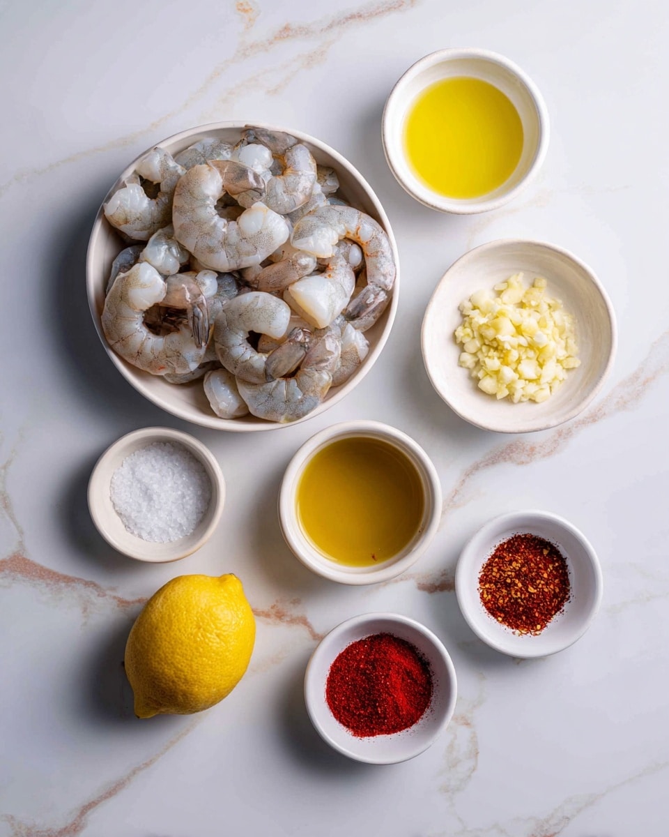 The image shows a group of small white bowls and one clear bowl arranged on a white marbled surface. In the clear bowl on the left, there is a pile of raw shrimp with a mix of light gray and pinkish colors. Above the shrimp, a small white bowl contains pale yellow lemon juice. Below the lemon juice, a white bowl holds golden olive oil. Bottom center holds another small white bowl filled with golden honey. To the right of the olive oil, there is a white bowl with minced garlic, appearing as small pale yellow pieces. Above the garlic, a tiny white bowl contains red cayenne pepper powder, and next to it, a similar bowl has white salt crystals. Below the garlic, a small white bowl is filled with bright red paprika powder. All ingredients are neatly arranged with clear labels above each bowl, set on the smooth white marbled surface. Photo taken with an iphone --ar 4:5 --v 7