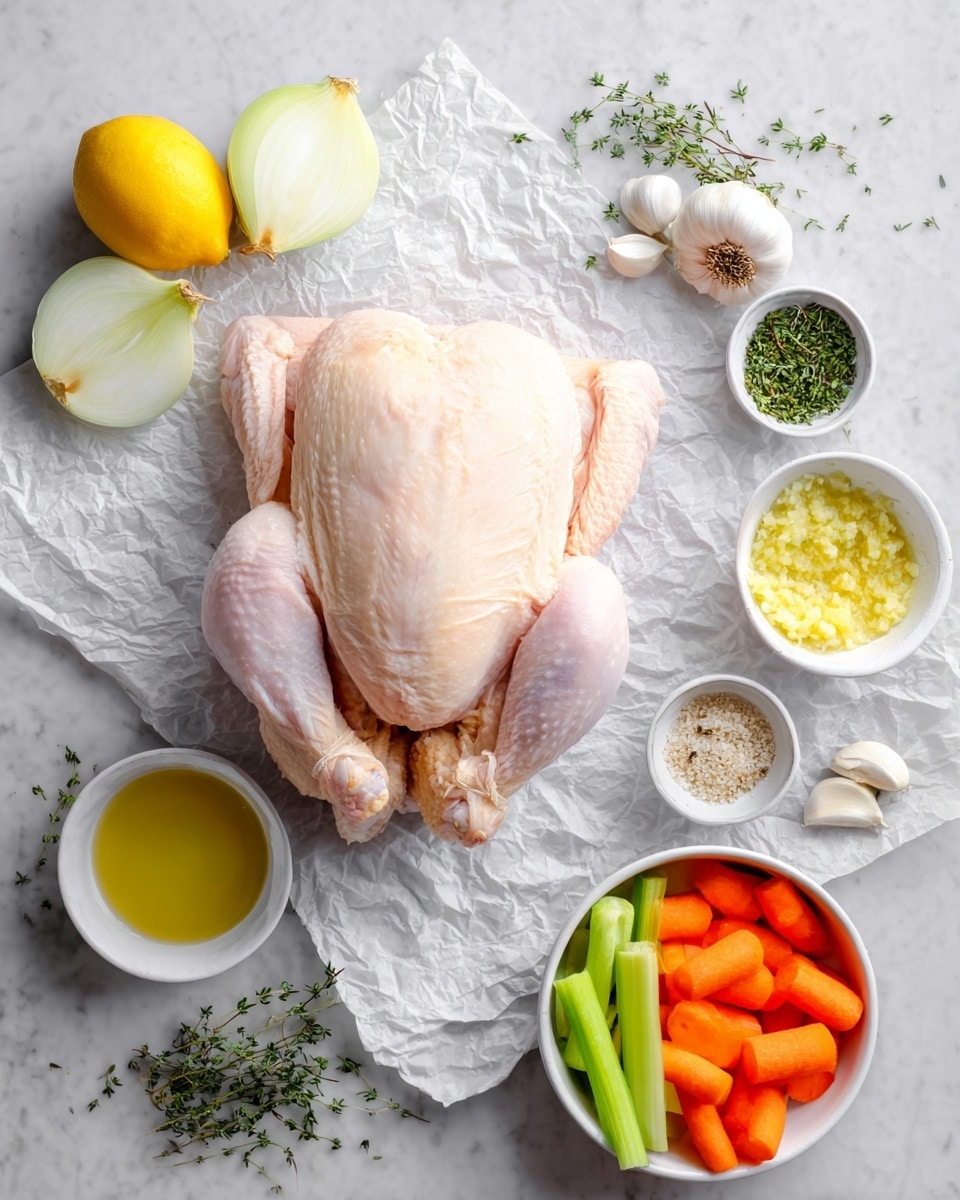 A whole raw chicken with pale pink skin lies in the center on crinkled white parchment paper, surrounded by fresh ingredients on a white marbled surface. To the left of the chicken are two onion halves, a whole lemon, and a lemon half showing its yellow flesh. Below the chicken is a small white bowl with golden oil. To the right of the chicken are various small white bowls filled with minced garlic, melted butter, salt with black pepper, green herbs, and yellow lemon zest. A head of garlic cut across the top and sprigs of green thyme rest beside the chicken. In the bottom right is a white bowl filled with bright orange carrot pieces and pale green celery sticks. The photo taken with an iphone --ar 4:5 --v 7
