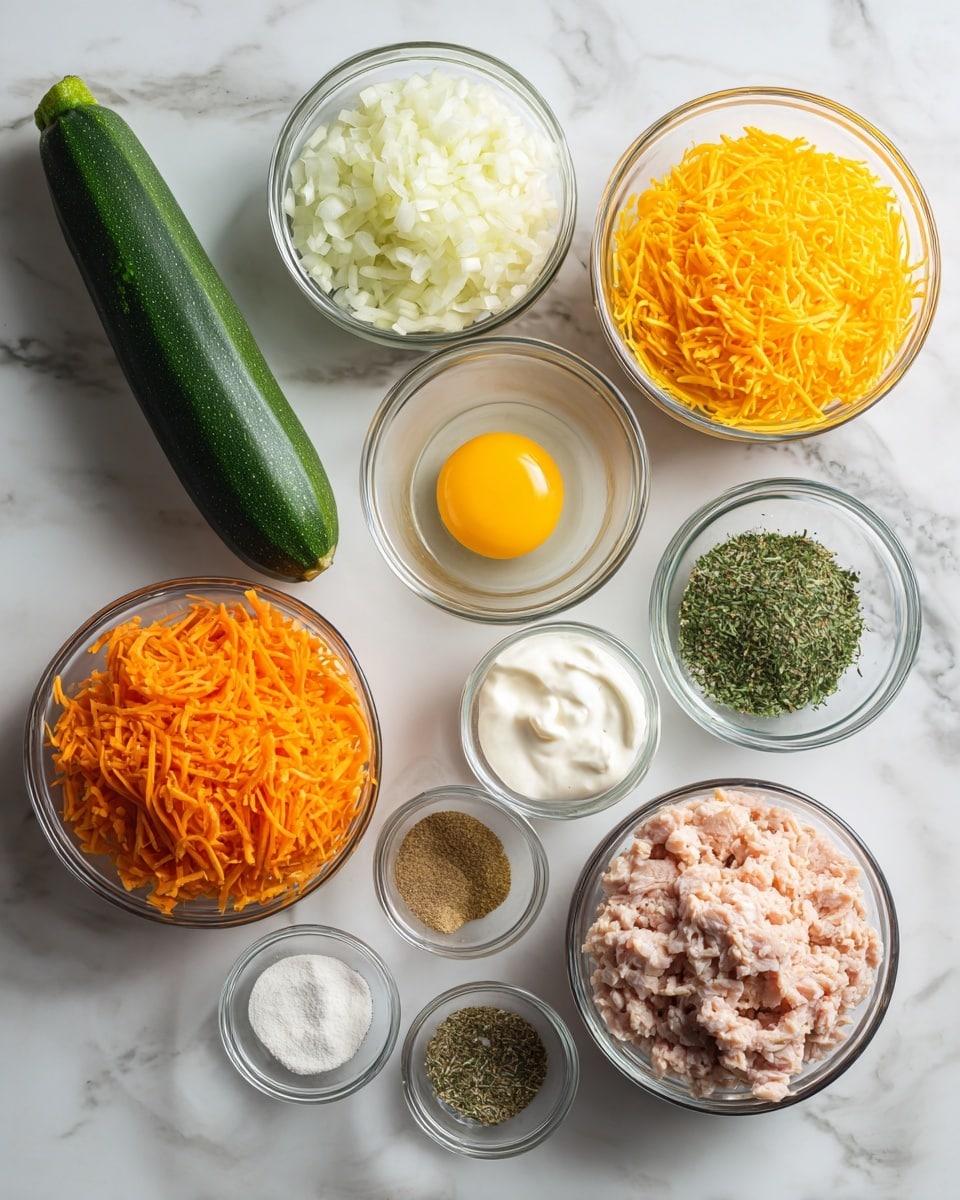 The image shows several clear glass bowls and a whole zucchini arranged on a white marbled surface. There are eleven items labeled: finely chopped white onion in a medium bowl near the top center, shredded bright orange cheddar cheese in a larger bowl below it, shredded deep orange carrots in a medium bowl to the right, and ground pale pink chicken in a larger bowl at the bottom center. Between these are smaller bowls containing white salt, finely crushed green Italian herbs, smooth white sour cream, light brown garlic powder, and cracked black pepper. In the middle, there is a clear bowl with a whole raw egg showing its yellow yolk and white. A dark green whole zucchini lies on the left of the bowls. The arrangement is neat, and the labels are black text in white boxes positioned close to each ingredient. Photo taken with an iphone --ar 4:5 --v 7