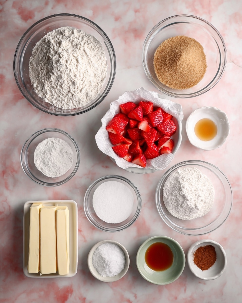 The image shows an overhead view of multiple clear glass and white bowls and dishes arranged neatly on a white marbled surface. The largest bowl at the top center contains white flour with a powdery texture. Below it, a white bowl lined with a white paper towel holds bright red chopped strawberries with a juicy, fresh look. To the left of the strawberries, a glass bowl has light brown sugar with a coarse texture. Next to the brown sugar, there are two sticks of pale yellow butter with measurement markings. Below the butter, a glass bowl of fine white granulated sugar is visible. Slightly to the right, another glass bowl contains a fluffy white powder, likely baking powder or cornstarch. Above this bowl, there are two small round bowls side by side: one filled with white salt and another with a small amount of light orange liquid, likely vanilla extract. Two small handmade ceramic bowls at the bottom hold a small heap of ground brown spice and amber syrup or honey. On the right side, there is a set of three clear small glass bowls stacked vertically containing white powders such as baking soda, salt, and possibly sugar. The whole arrangement is clean and well organized. photo taken with an iphone --ar 4:5 --v 7