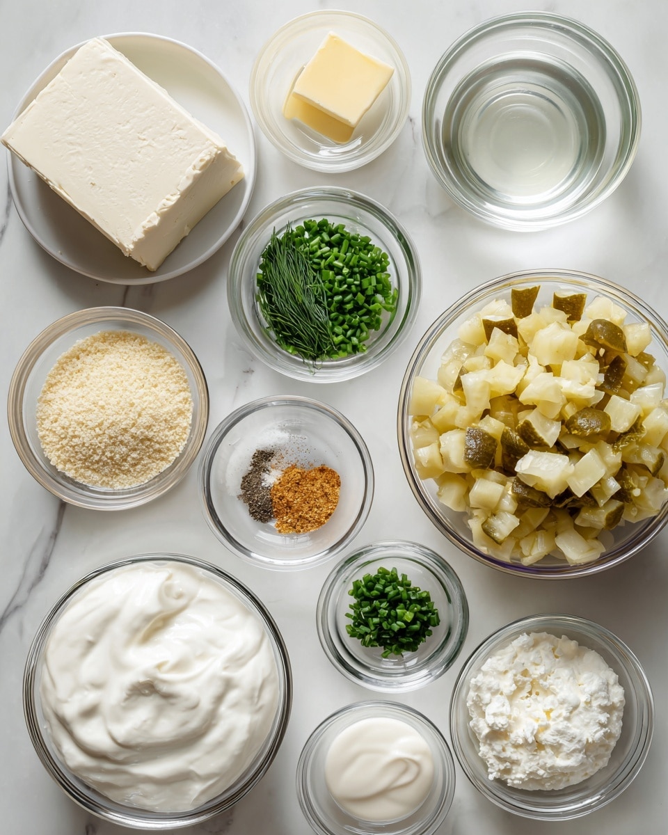 A top view of several clear and light gray bowls placed on a white marbled surface, each containing different ingredients. There is a bowl with pale beige cream cheese shaped like a block, a larger bowl filled with small diced light-brown and pale yellow dill pickle pieces, and smaller clear bowls with smooth white sour cream, creamy white Greek yogurt, and light tan bread crumbs. Additional tiny bowls hold light brown garlic powder, orange-brown onion powder, fresh green chopped chives, and fresh green dill. There are also small bowls with white salt, ground black pepper, and a square of pale yellow butter. A small clear bowl in the top center holds a clear liquid labeled as pickle juice. The overall arrangement is neat and all bowls are on the white marbled background photo taken with an iphone --ar 4:5 --v 7