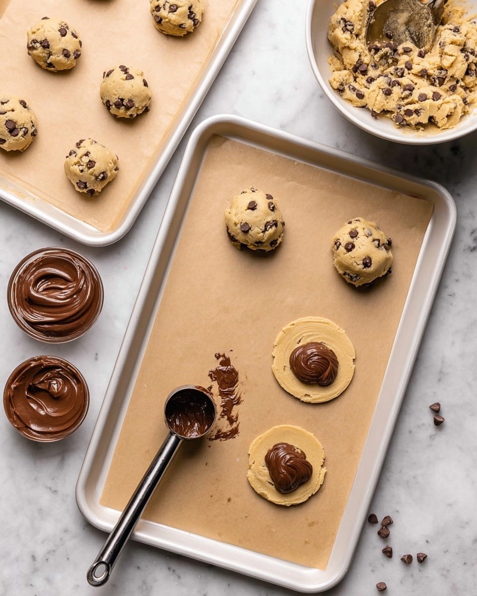 The image shows a baking scene with two white baking trays lined with brown parchment paper placed on a white marbled surface. On the main tray, there are five cookie dough portions: three round dough balls with chocolate chips and two flattened dough circles topped with a dollop of chocolate spread in the center. A metal ice cream scoop with some dough residue nearby rests on the same tray. In the top right corner, there is a white bowl filled with chocolate chip cookie dough mixed with chocolate chips. At the top left, a second baking tray has small dollops of chocolate spread neatly placed. In the bottom left corner, there is a small cup of chocolate spread partly visible. Photo taken with an iphone --ar 4:5 --v 7
