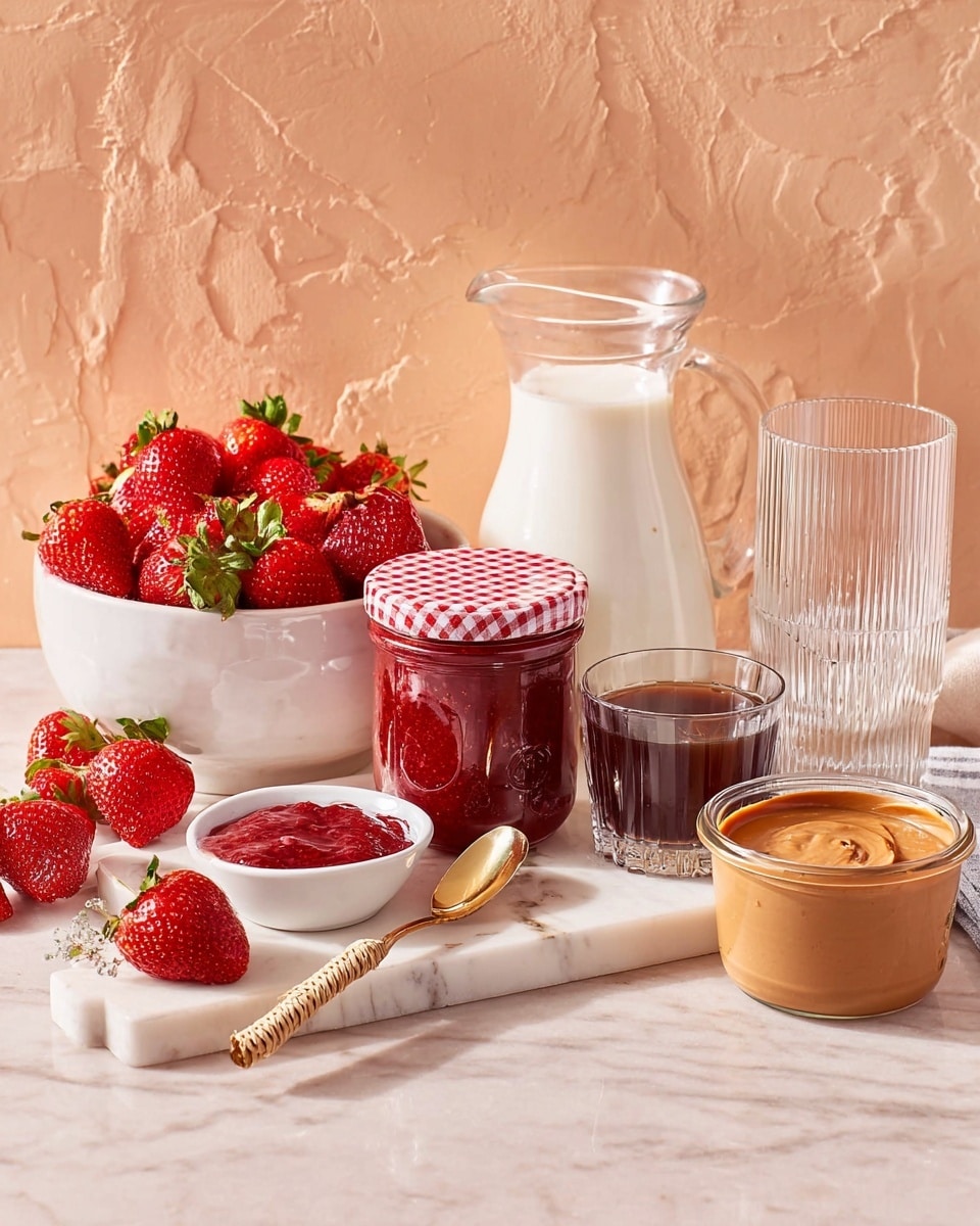 The image shows a white bowl full of fresh red strawberries on the left, with some strawberries placed beside it on a white marbled surface. Next to the bowl is a jar of red strawberry jam with a red and white checkered lid. In front of the jar, there is a small white bowl filled with strawberry jam. A golden spoon with a woven handle lies on the surface between the bowl and the jar. Behind the jar, there is a clear glass carafe filled with white milk. To the right of the carafe, there are two empty clear glasses with vertical ridges. In front of the glasses, there is a clear round glass filled with dark coffee and a small clear glass cup filled with smooth light brown peanut butter. The background is a peach-colored textured wall. Photo taken with an iphone --ar 4:5 --v 7