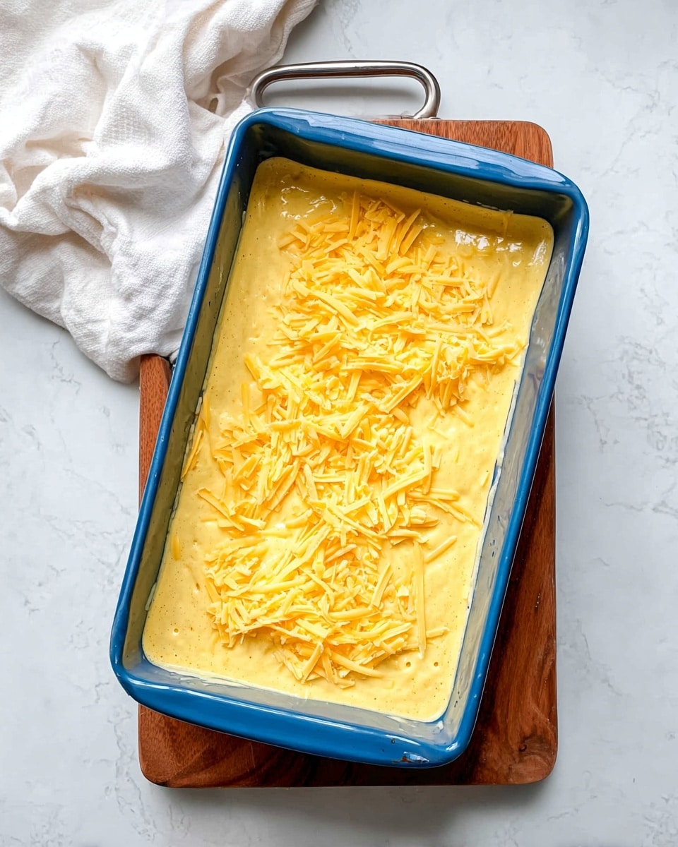 A blue rectangular baking pan filled with a layer of yellow batter topped with unevenly spread shredded yellow cheese. The batter looks smooth with some small bubbles, and the cheese is scattered mainly in the center with some cheese near the edges. The pan is placed on a wooden board with a metal handle. The surface beneath has a white marbled texture, and a white cloth is draped softly in the top left corner. Photo taken with an iphone --ar 4:5 --v 7