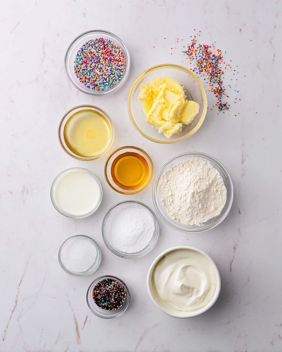 The image shows an overhead view of several small clear glass bowls and one white bowl arranged on a white marbled surface. The bowls contain different ingredients: colorful sprinkles are in one small bowl at the top left; next to it is a bowl with melted yellow butter; below the butter is a bowl of white granulated sugar; in the center are bowls with a yellow oil liquid, white milk, vanilla extract, and a transparent liquid; a small bowl contains white powder (baking powder and salt); another has fine white sugar; a bigger white bowl holds light beige flour; lastly, a bowl at the far right contains thick white cream. A few colorful sprinkles are scattered loosely near the top center. Photo taken with an iphone --ar 4:5 --v 7