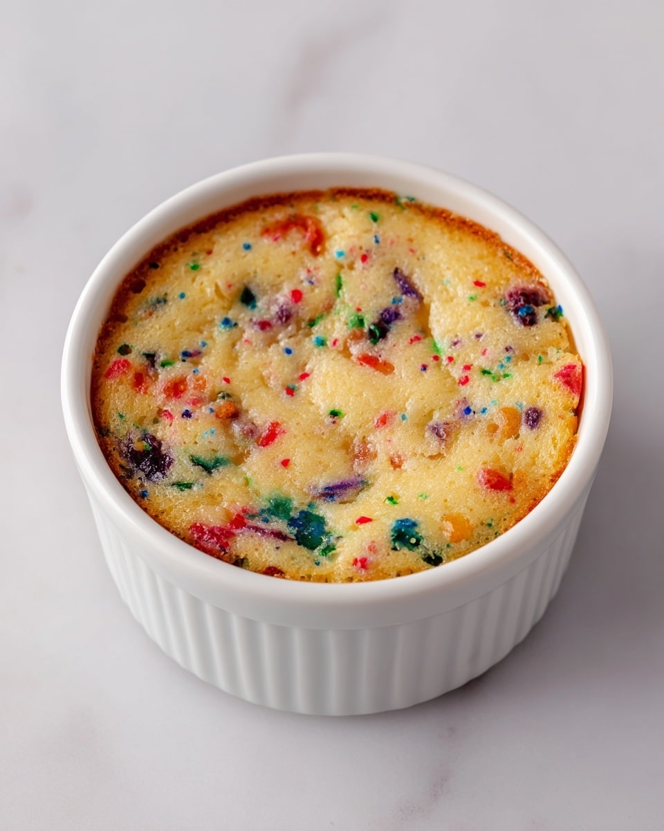 A single round cake sits inside a white ramekin on a white marbled surface, with a light golden top layer that looks soft and slightly cracked. The cake is speckled with bright, colorful bits of red, blue, green, purple, and orange scattered evenly throughout, giving it a festive look. The edges are lightly browned, adding a slight contrast to the pale yellow cake base. The texture appears moist and tender, filling the ramekin fully without overflowing. photo taken with an iphone --ar 4:5 --v 7