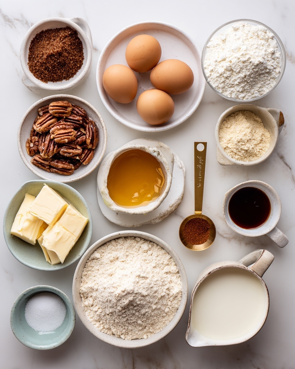 The image shows a flat lay of eleven small white bowls and measuring cups arranged on a white marbled surface, each filled with different baking ingredients. From top to bottom and left to right, the bowls contain dark brown sugar with a grainy texture, golden maple syrup, a white bowl with three brown eggs, white cottage cheese with a soft texture, a small bowl of chopped pecans that are brown and coarse, a golden measuring cup holding white baking powder, a bowl with two pieces of pale yellow unsalted butter, a large white bowl filled with a mix of all-purpose and whole wheat flour that looks powdery and light beige, a small bowl of white coconut oil with a slightly solid texture, a small measuring spoon of ground cinnamon with a reddish-brown color, a small measuring spoon filled with dark vanilla extract, and a golden measuring cup filled with white milk. The photo taken with an iphone --ar 4:5 --v 7